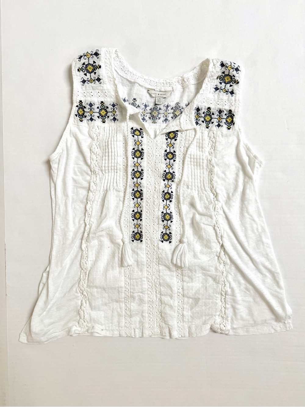 Lucky Brand Embroidered Peasant Tank Top — Y2K Lace Boho Sleeveless Top S/M